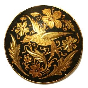 Vintage Round Damascene Bird & Flower Brooch